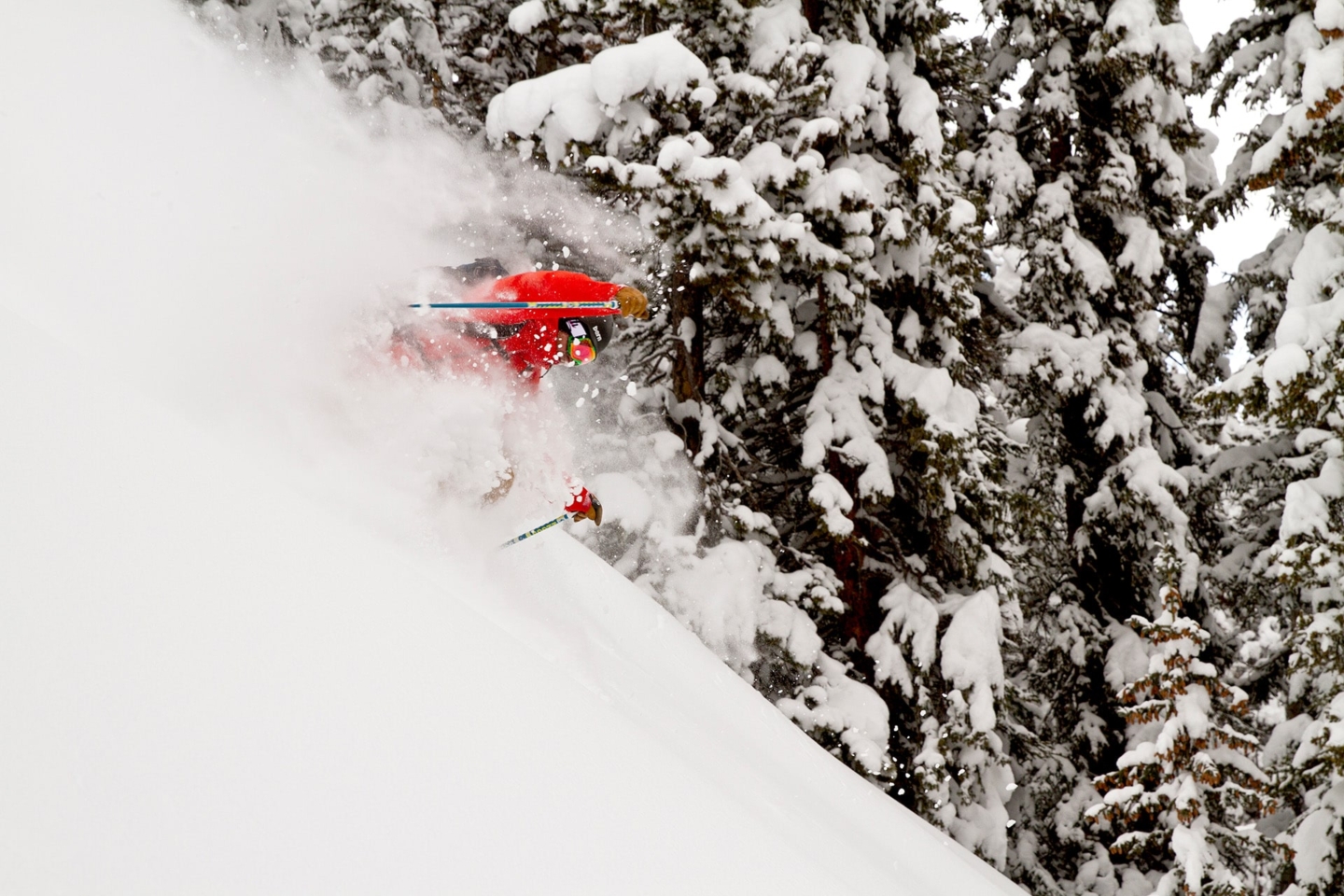 Man skiing down a snowy mountain slope with trees in background